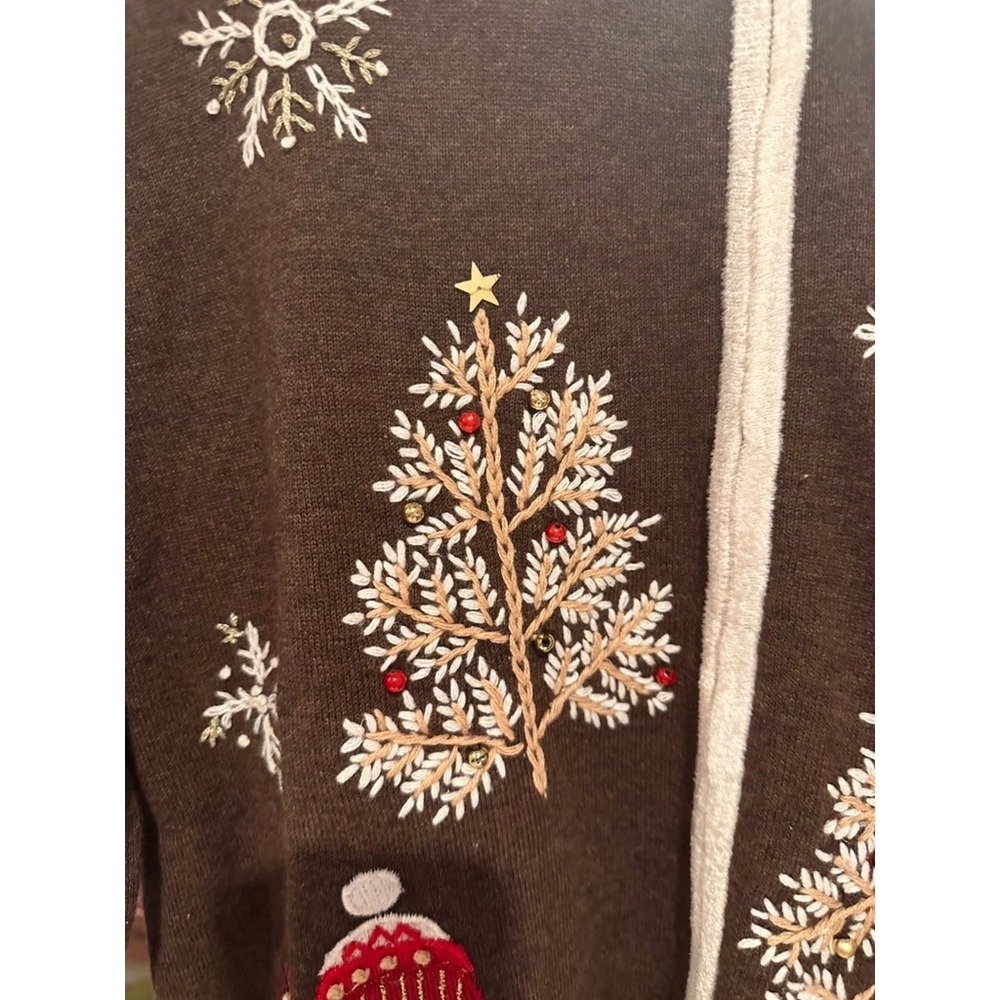 Designers Originals Studio Joy Brown Snowman Christmas Tree Zip Cardigan Sweater - Picture 2 of 10